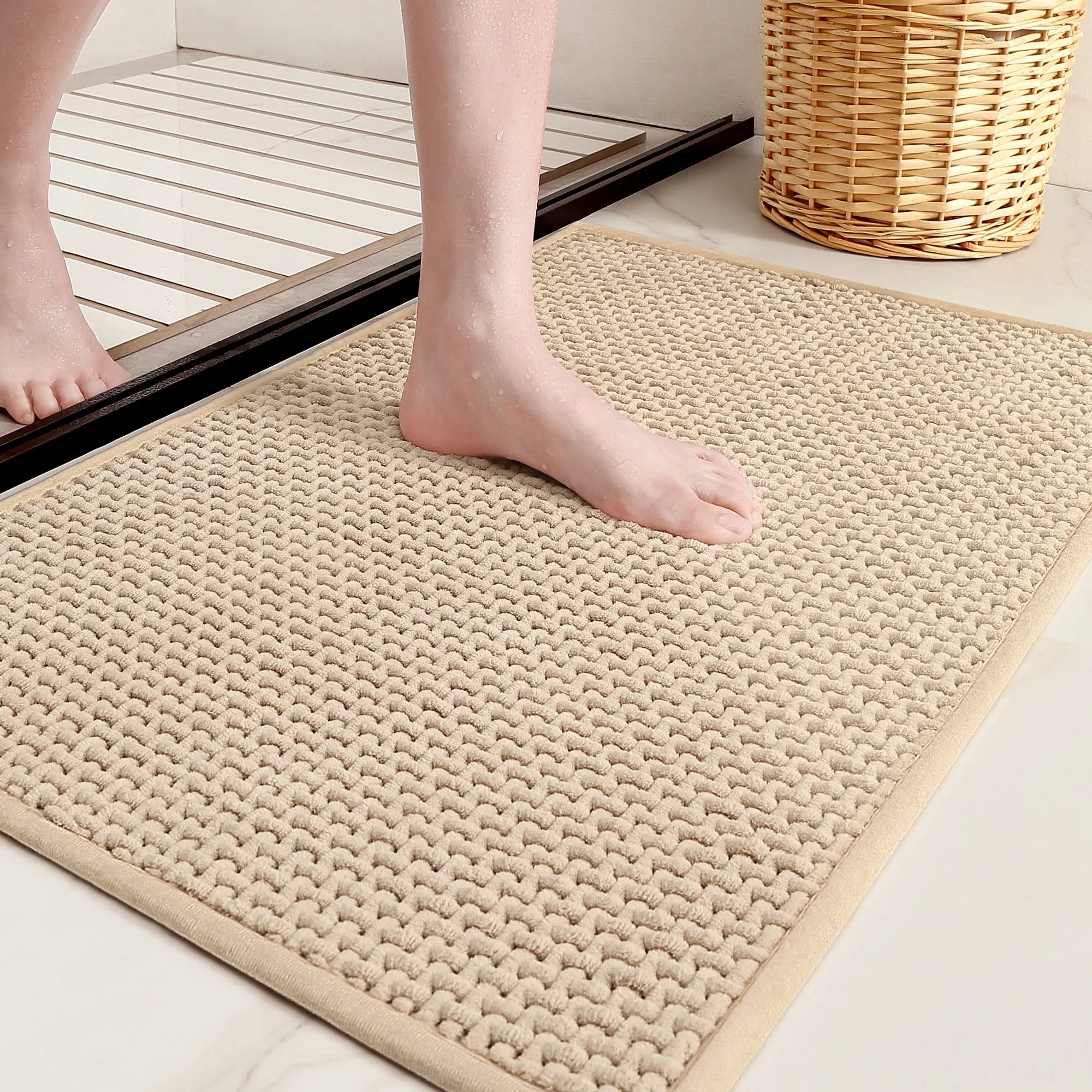 16"x24" Chenille Bathroom Rugs - Color G Thin Bathroom Rugs Fit Under Door- Absorbent, Flat, Non Slip, Soft, Machine Washable, Quick Dry, Small Beige Bath Mat Bath Rugs for Bathroom