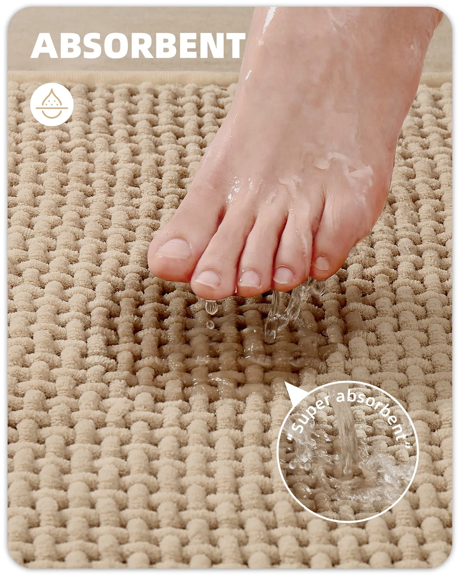 16"x24" Chenille Bathroom Rugs - Color G Thin Bathroom Rugs Fit Under Door- Absorbent, Flat, Non Slip, Soft, Machine Washable, Quick Dry, Small Beige Bath Mat Bath Rugs for Bathroom