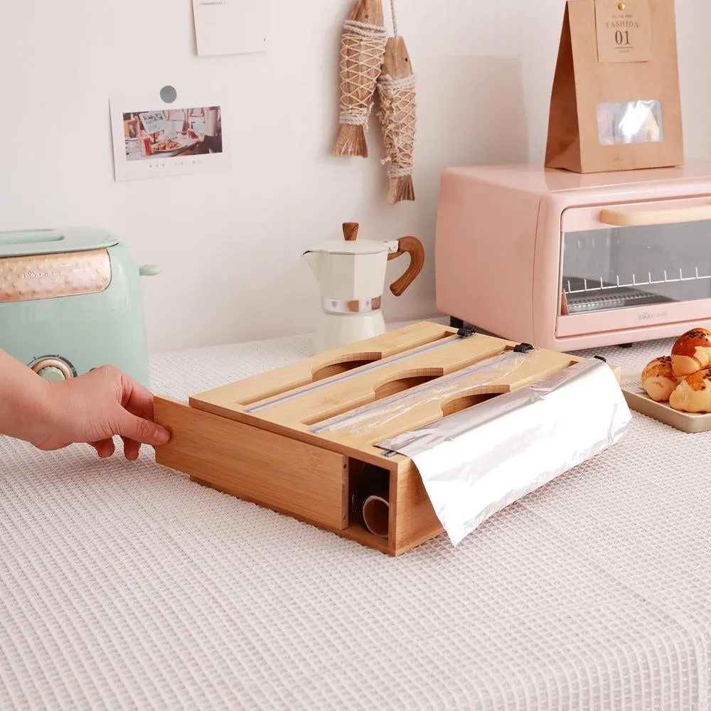 3 Grids Bamboo Food Wrap Dispenser Cutter | Foil Cling Film Storage Holder Box | Kitchen