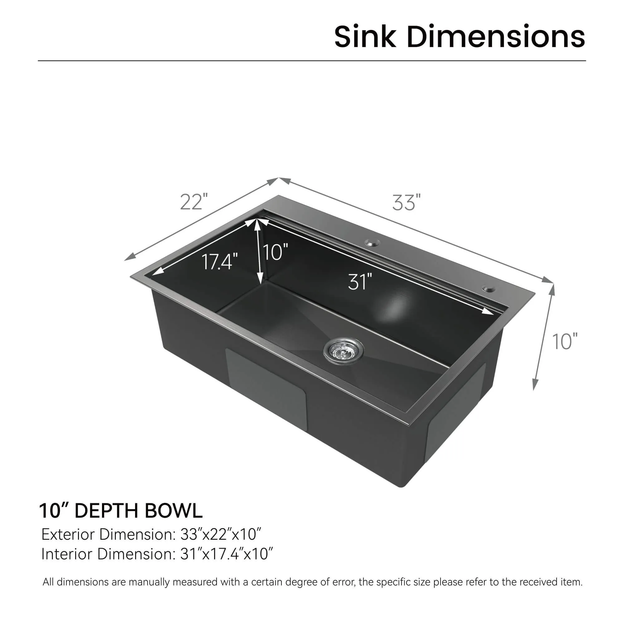 33-inch Black Drop-in Kitchen Sink Stainless Steel Top Mount Workstation Sink Single Bowl Kitchen Sink with Ledge and Accessories (Pack of 5)