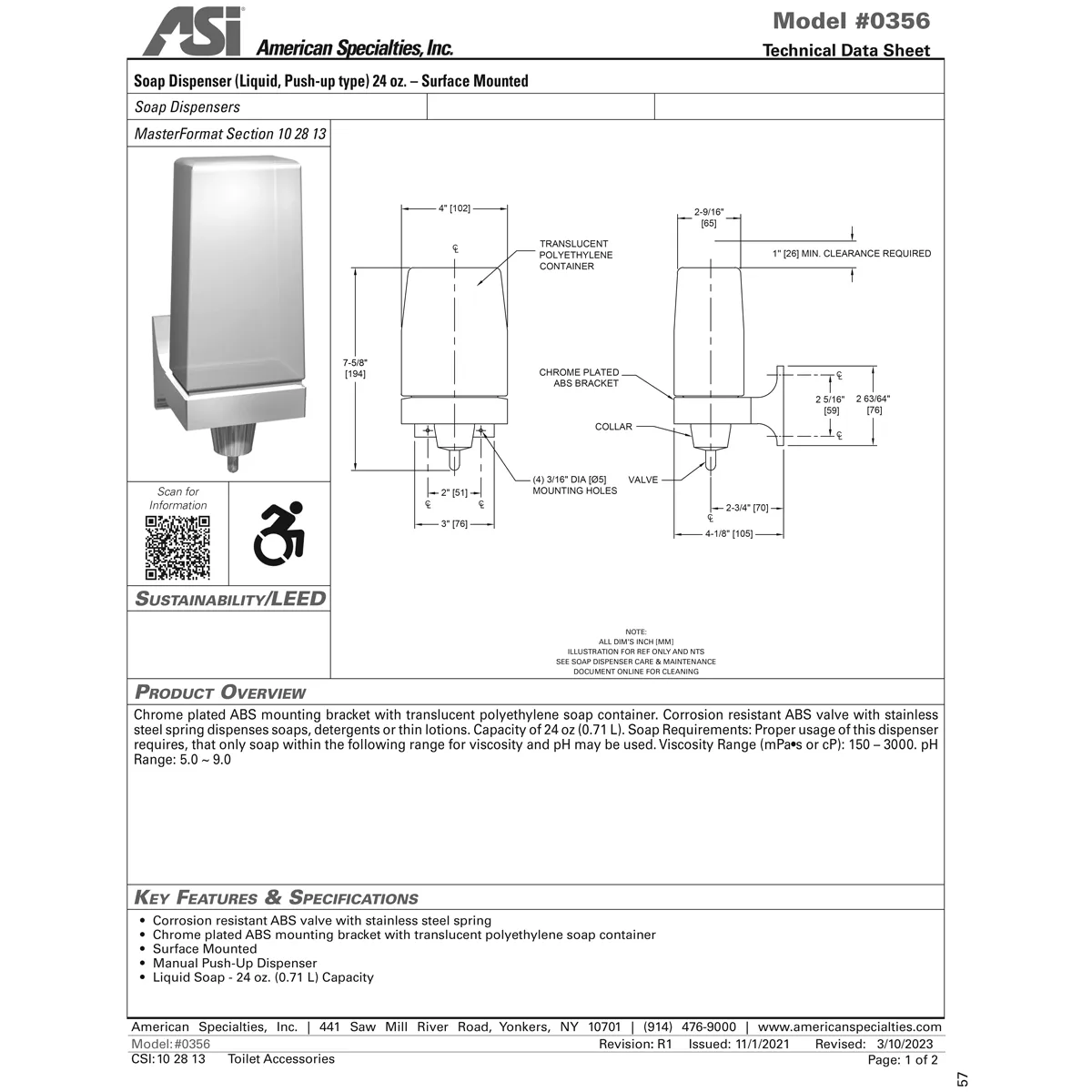 ASI 0356 Commercial Liquid Soap Dispenser, Surface-Mounted, Manual-Push, Plastic - 24 Oz