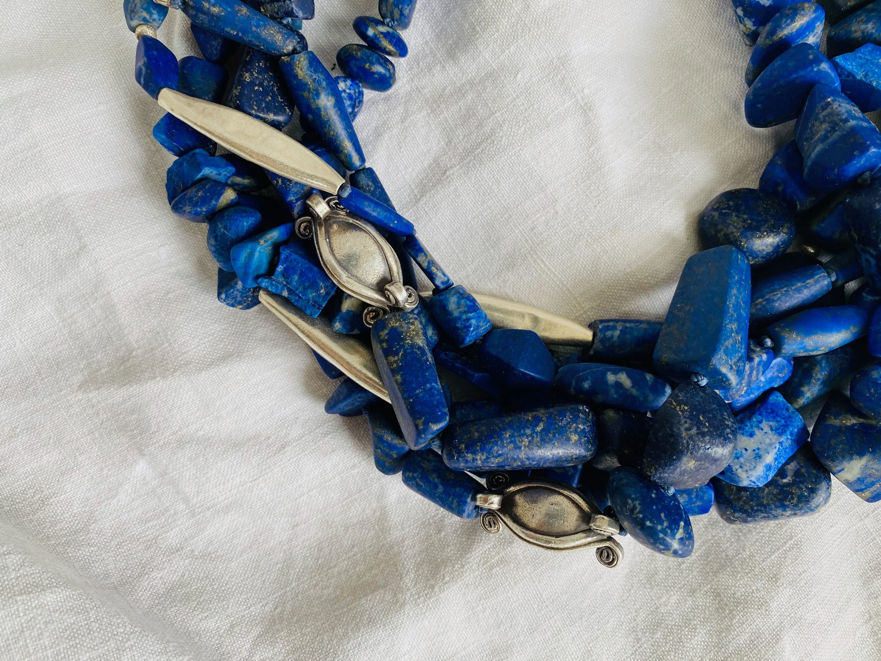 Lapis and Karen Silver Beaded Multistrand Necklace.