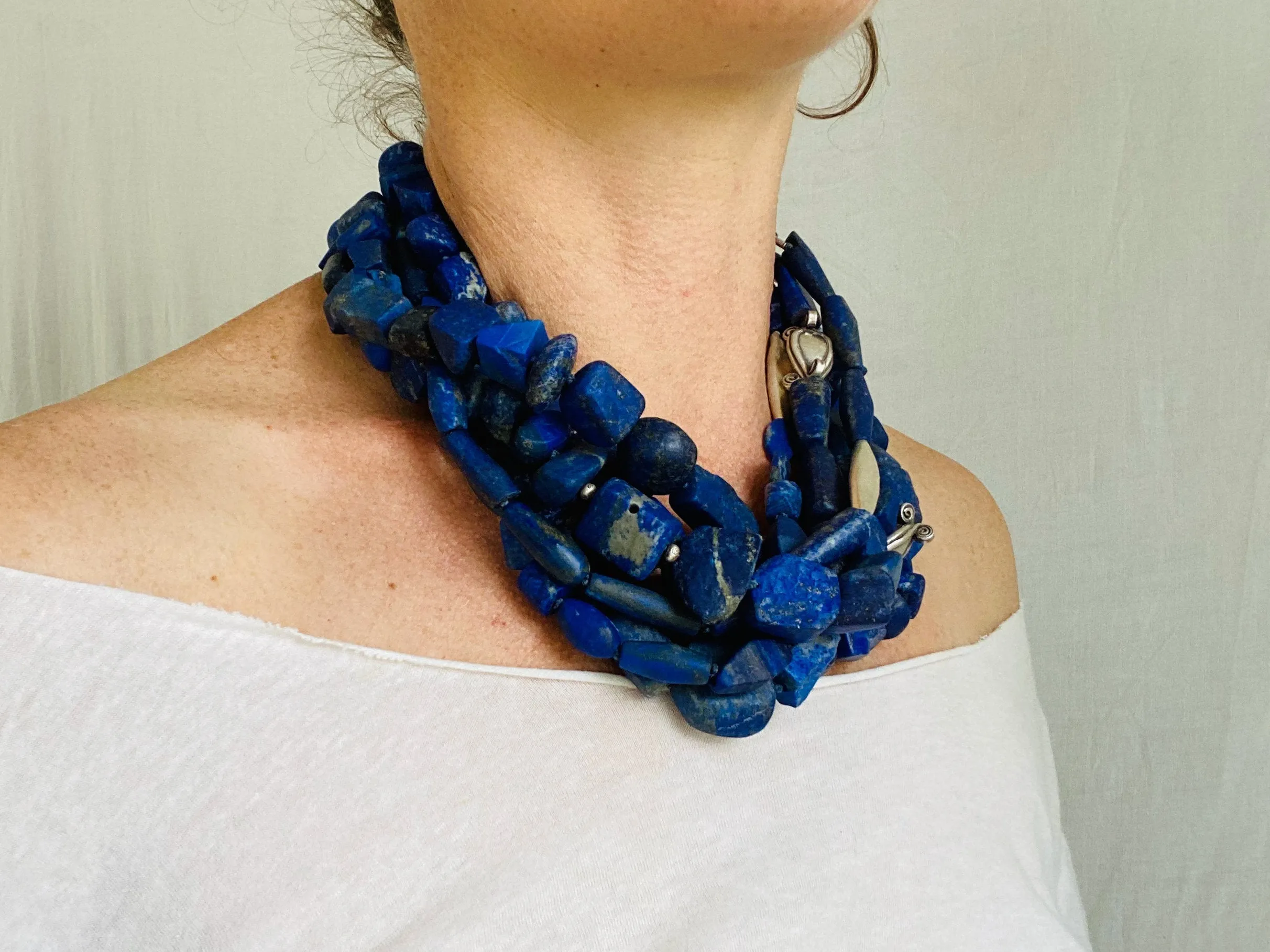 Lapis and Karen Silver Beaded Multistrand Necklace.