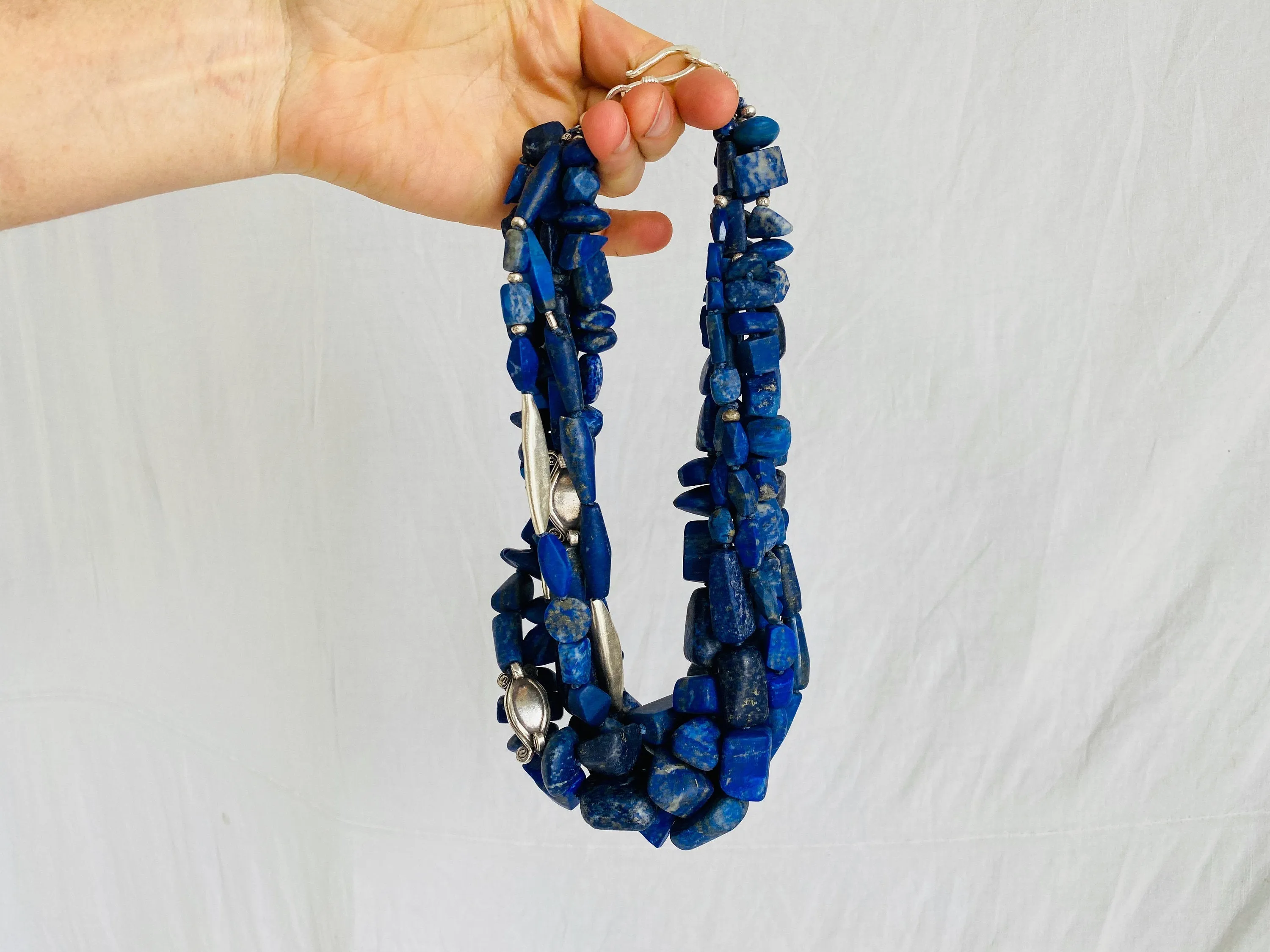 Lapis and Karen Silver Beaded Multistrand Necklace.