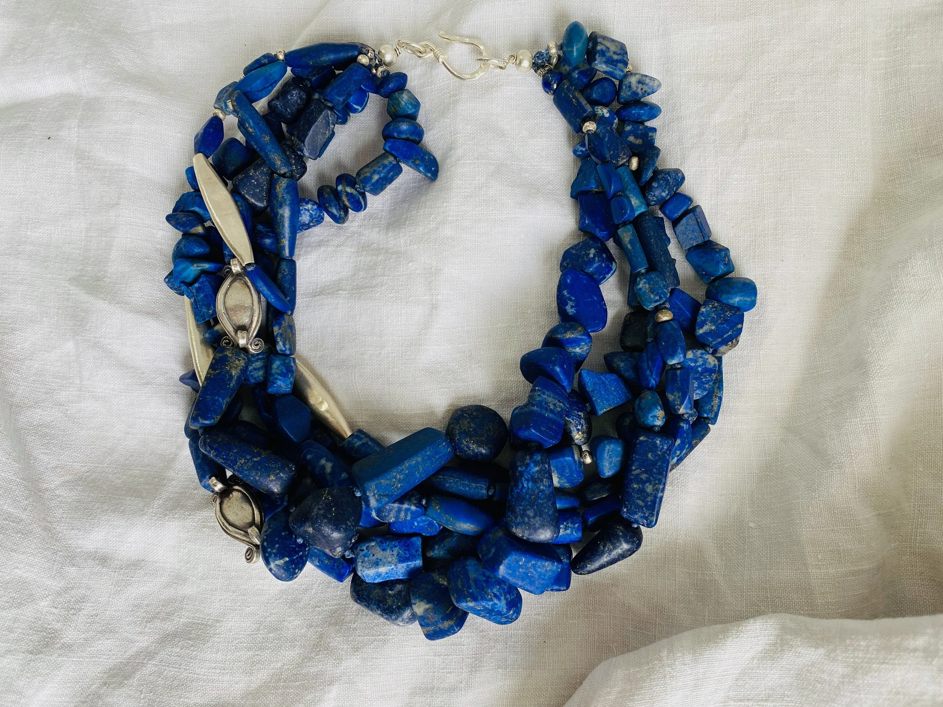 Lapis and Karen Silver Beaded Multistrand Necklace.