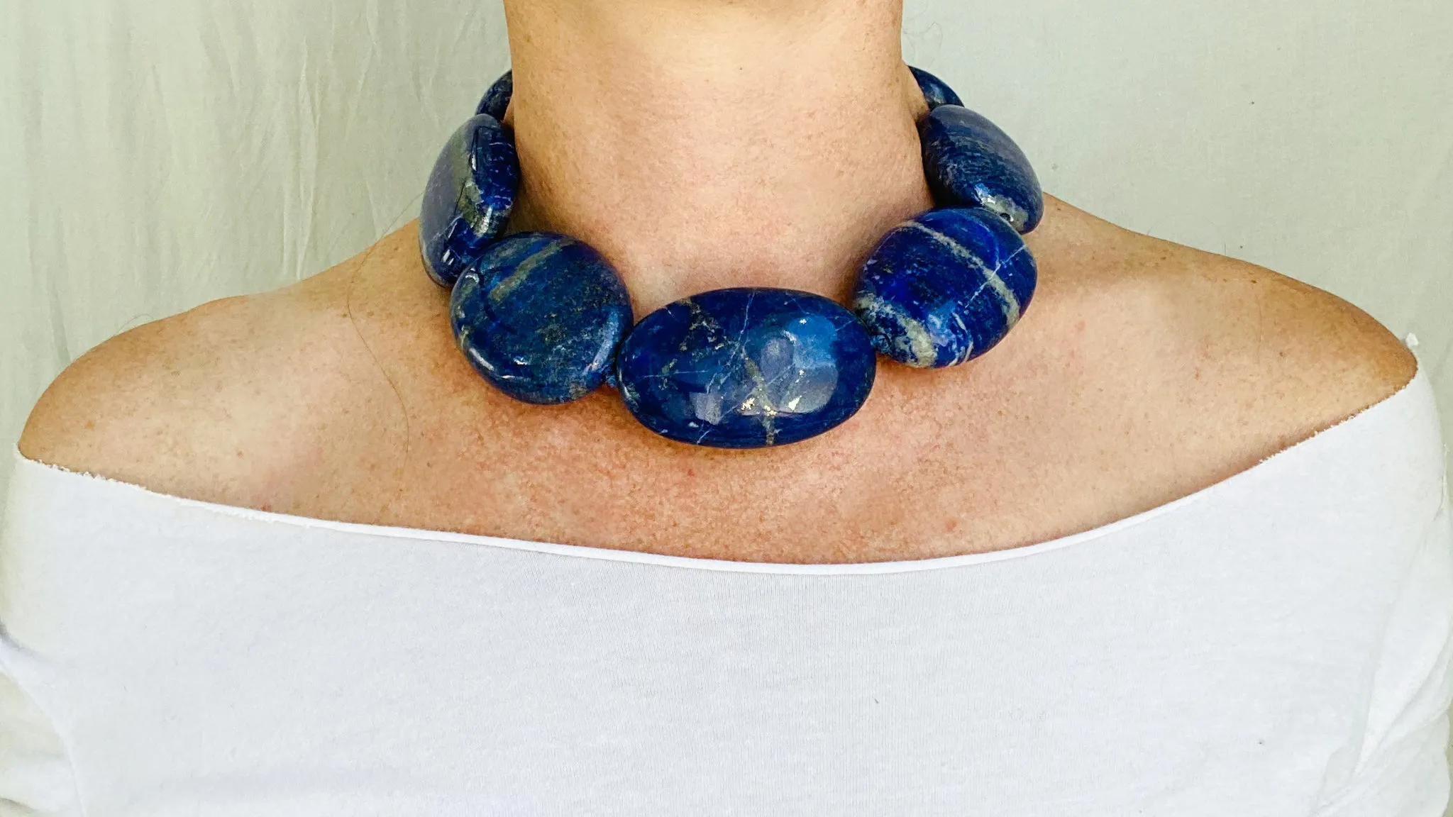 Lapis Lazuli Beaded Necklace. Chunky Ovals