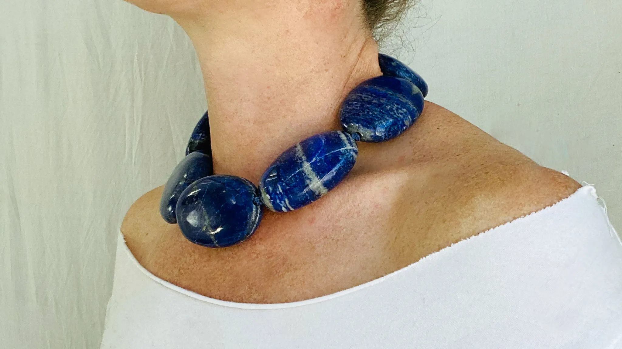 Lapis Lazuli Beaded Necklace. Chunky Ovals