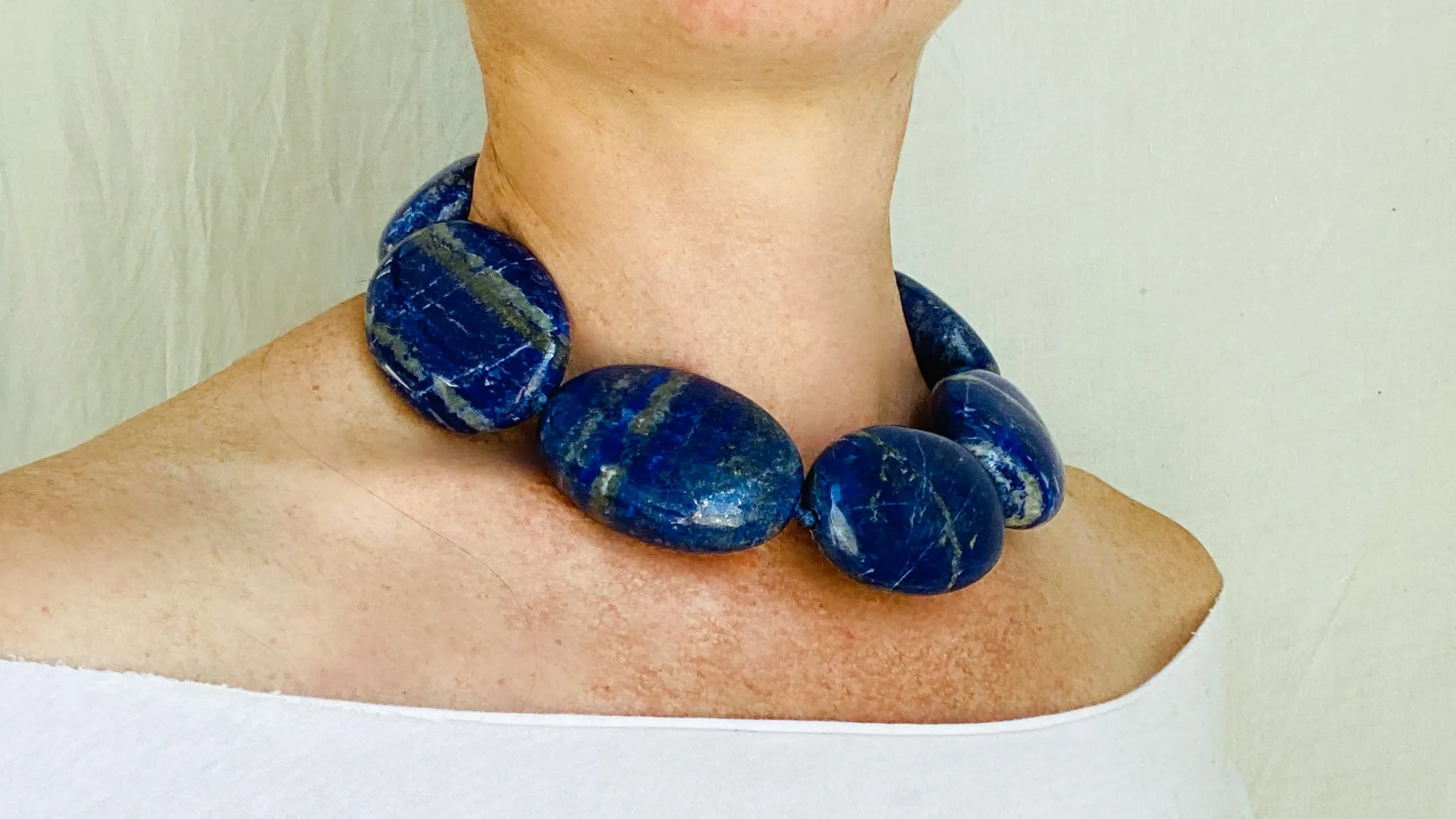 Lapis Lazuli Beaded Necklace. Chunky Ovals