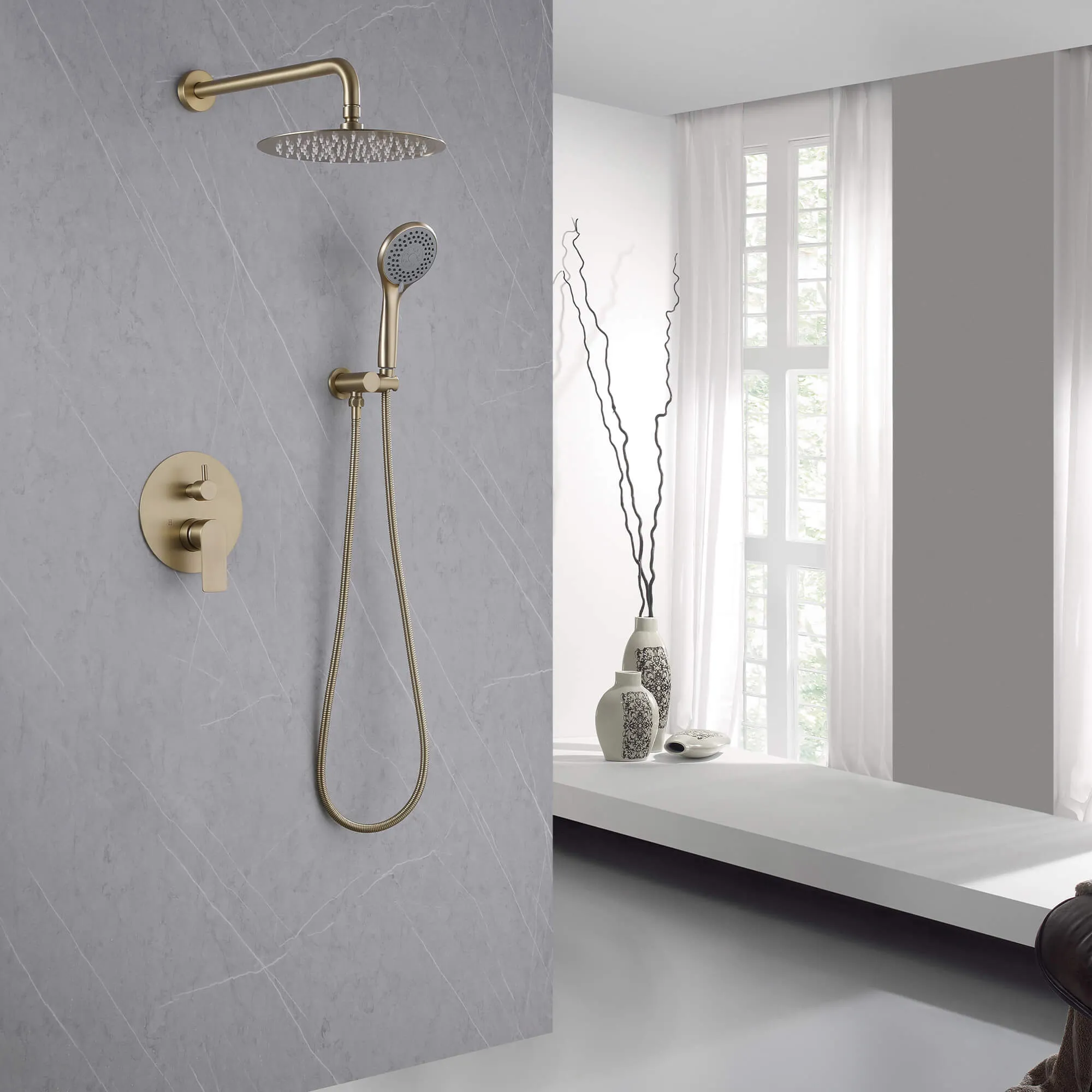 Modern Rain Shower Faucet Bathroom Set with Handle Brushed Gold JK0073
