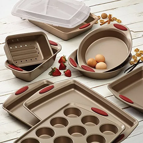 Rachael Ray 10-Piece Cucina Nonstick Bakeware Set, Latte Brown with Cranberry Red Handle