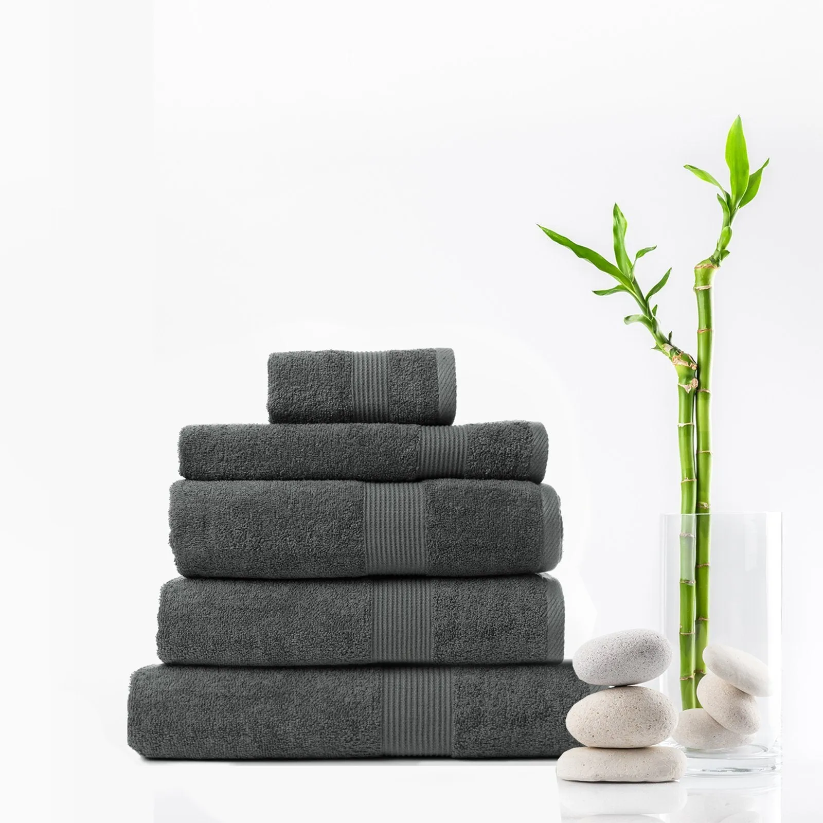 Royal Comfort 5 Piece Cotton Bamboo Towel Set 450GSM Luxurious Absorbent Plush Granite