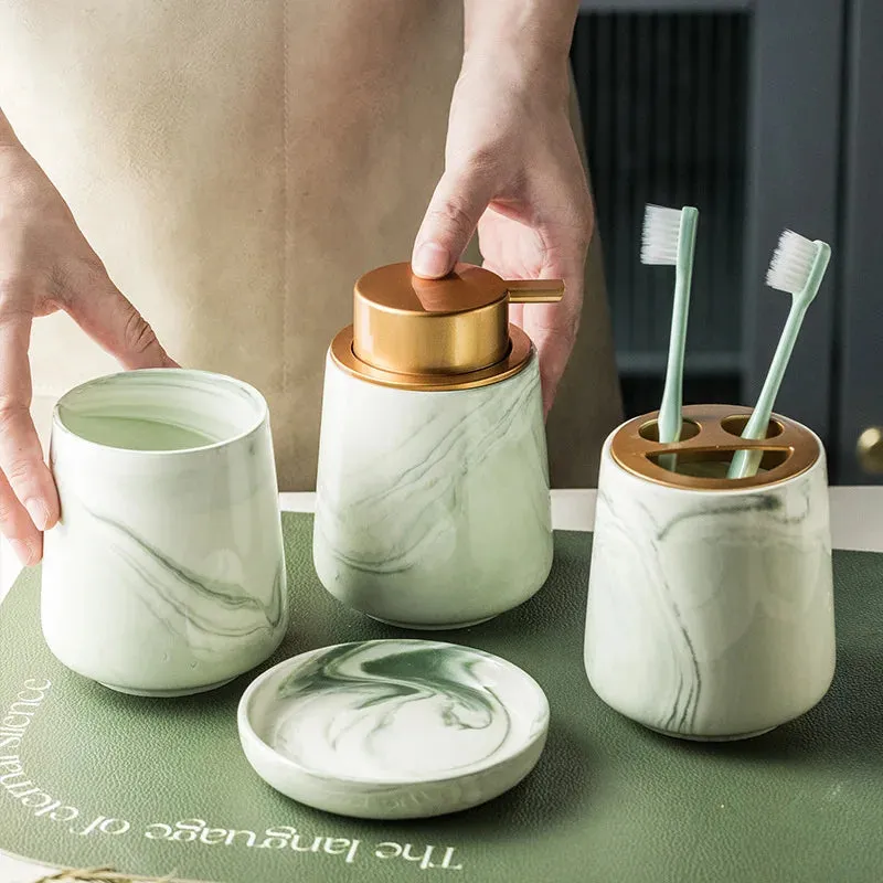 SINOTAO  -  Creative Gradient Green Marbled Ceramic Lotion Bottle Toothbrush Holder Soap Dish Set Bathroom Accessories Soap Dispenser Bottle