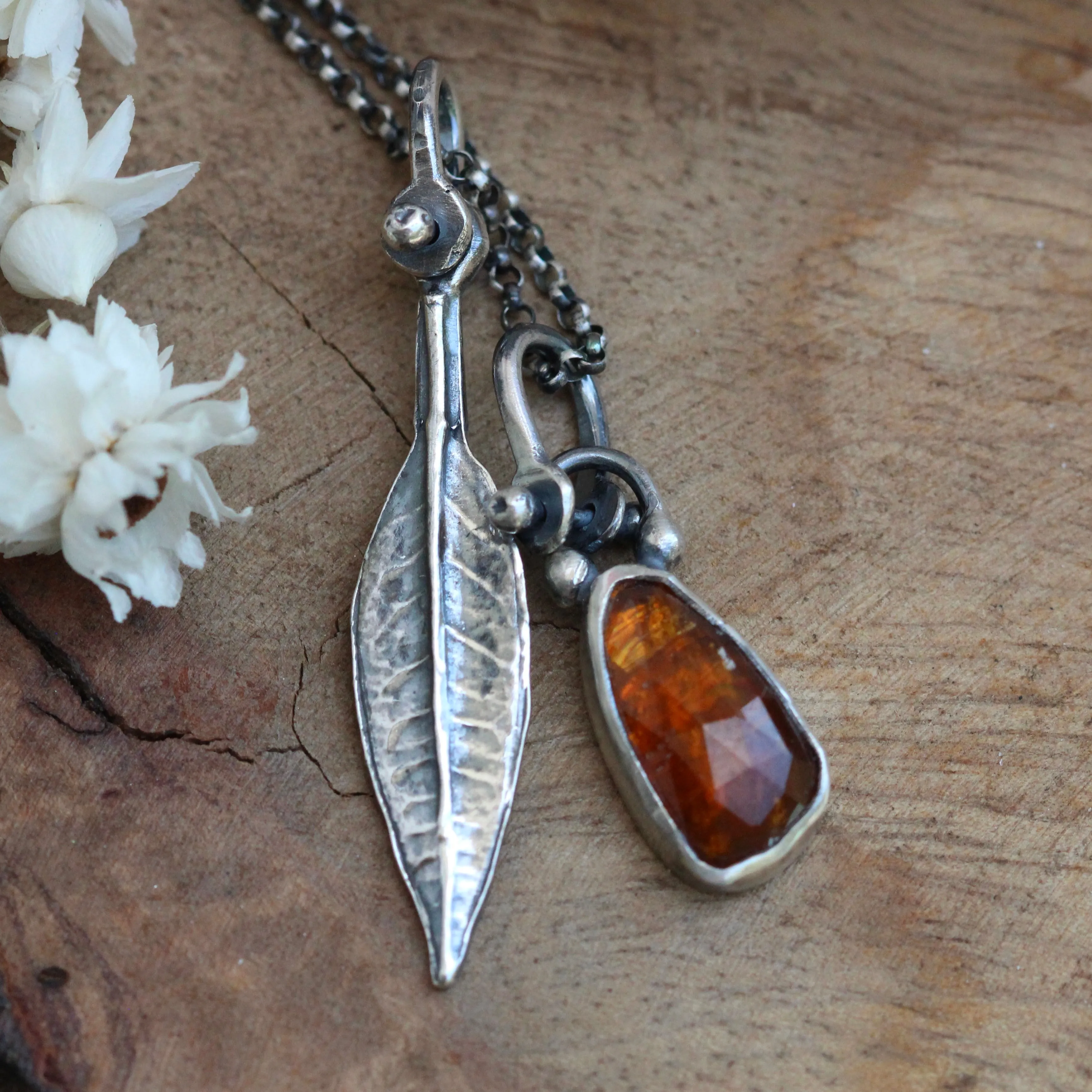 Wildflower Wanderings Kyanite and orange leaf sterling necklace