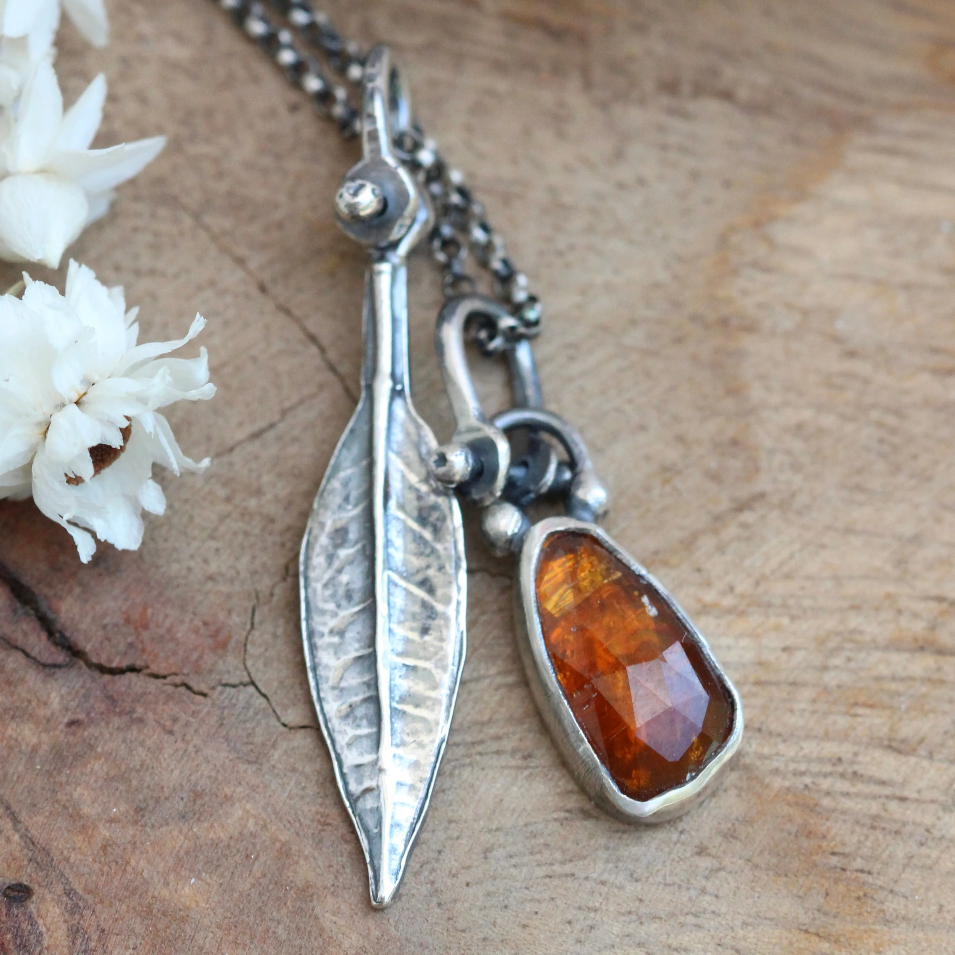 Wildflower Wanderings Kyanite and orange leaf sterling necklace